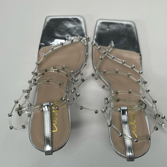 Lulus Silver Goosyy Silver Patent Studded High Heel Sandals Women size 11 - Picture 5 of 9